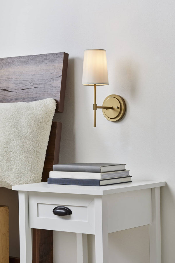 Better Homes & Gardens 1 Light Wall Sconce,Burnished Brass,White Fabric Shade,Bulb Not Included