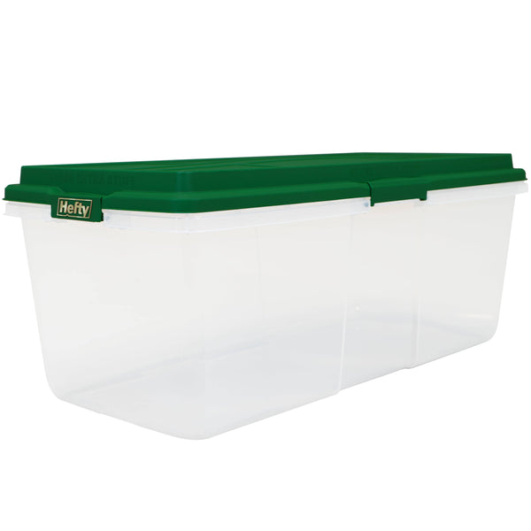Hefty 113 qt Clear Plastic Holiday Latched Storage Bin, Green Lid